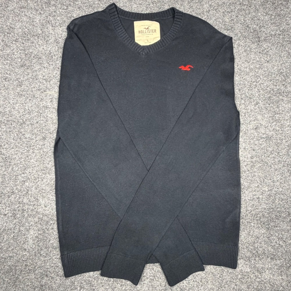 Hollister Mens V-Neck Sweater Navy Blue Long Sleeve Logo Pullover Large